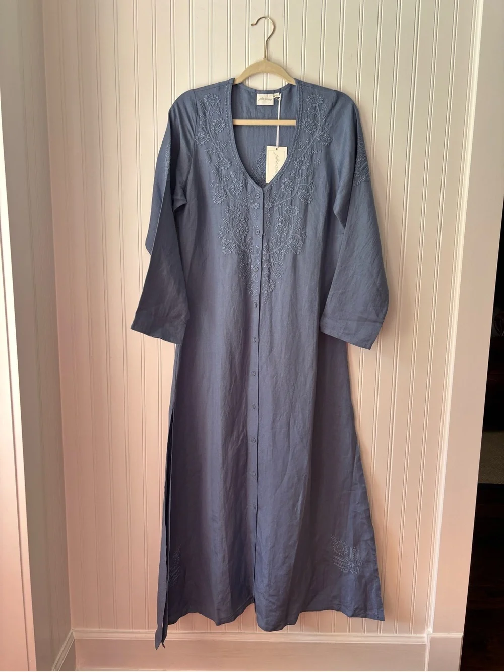 Embroidered Button-Front Maxi Dress in Dusty Blue - Picture 1 of 7